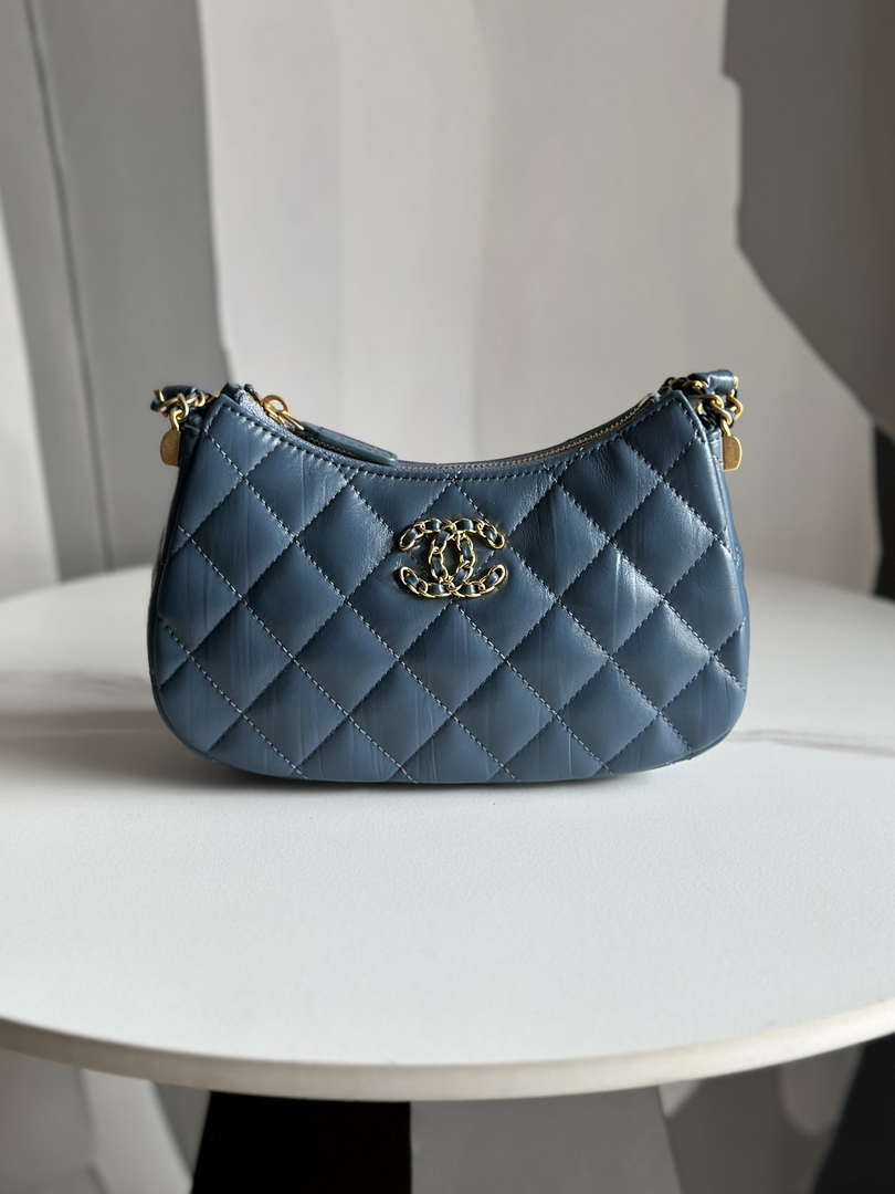 Chanel AP3647 23K Small Hobo Bag Lambskin Gold Metal Navy Blue