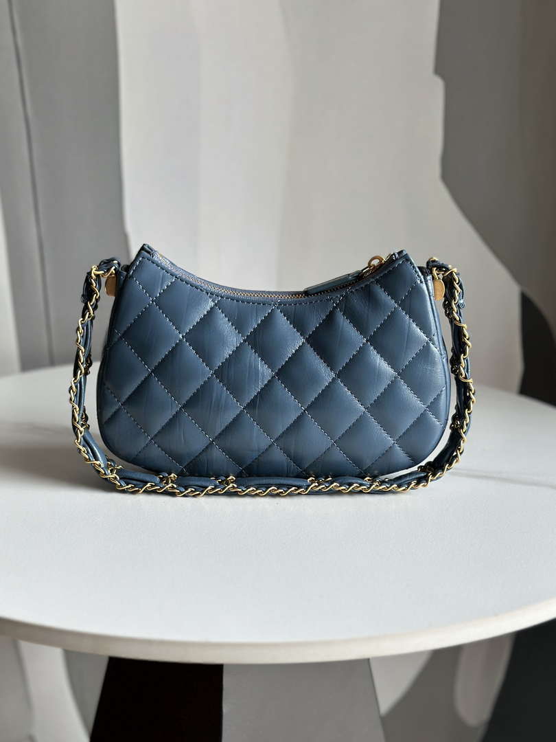 Chanel AP3647 23K Small Hobo Bag Lambskin Gold Metal Navy Blue