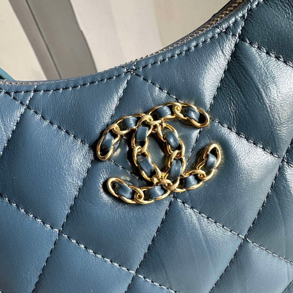 Chanel AP3647 23K Small Hobo Bag Lambskin Gold Metal Navy Blue