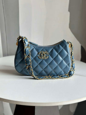 Chanel AP3647 23K Small Hobo Bag Lambskin Gold Metal Navy Blue - Default Title - View 9