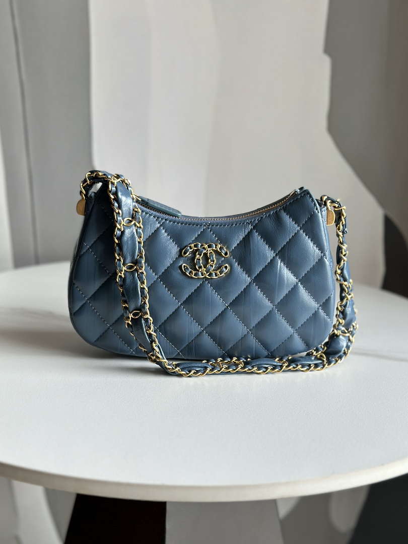 Chanel AP3647 23K Small Hobo Bag Lambskin Gold Metal Navy Blue - Default Title - View 9