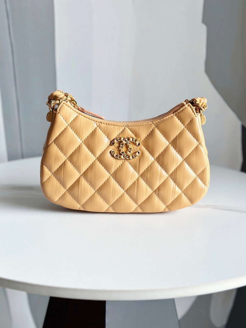 Chanel AP3647 23K Small Hobo Bag Lambskin Gold Metal Tan - Default Title - View 1