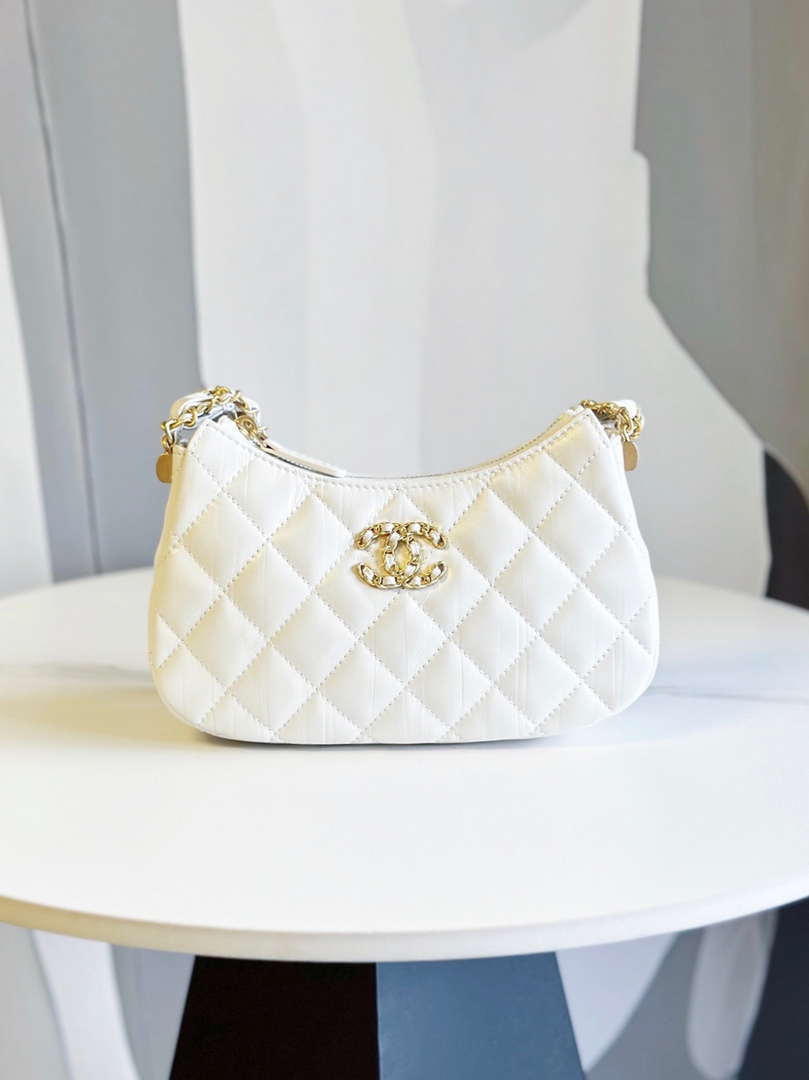 Chanel AP3647 23K Small Hobo Bag Lambskin Gold Metal White
