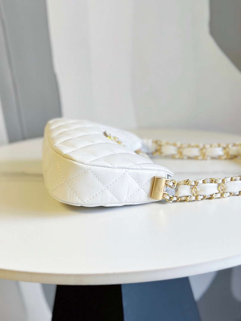 Chanel AP3647 23K Small Hobo Bag Lambskin Gold Metal White