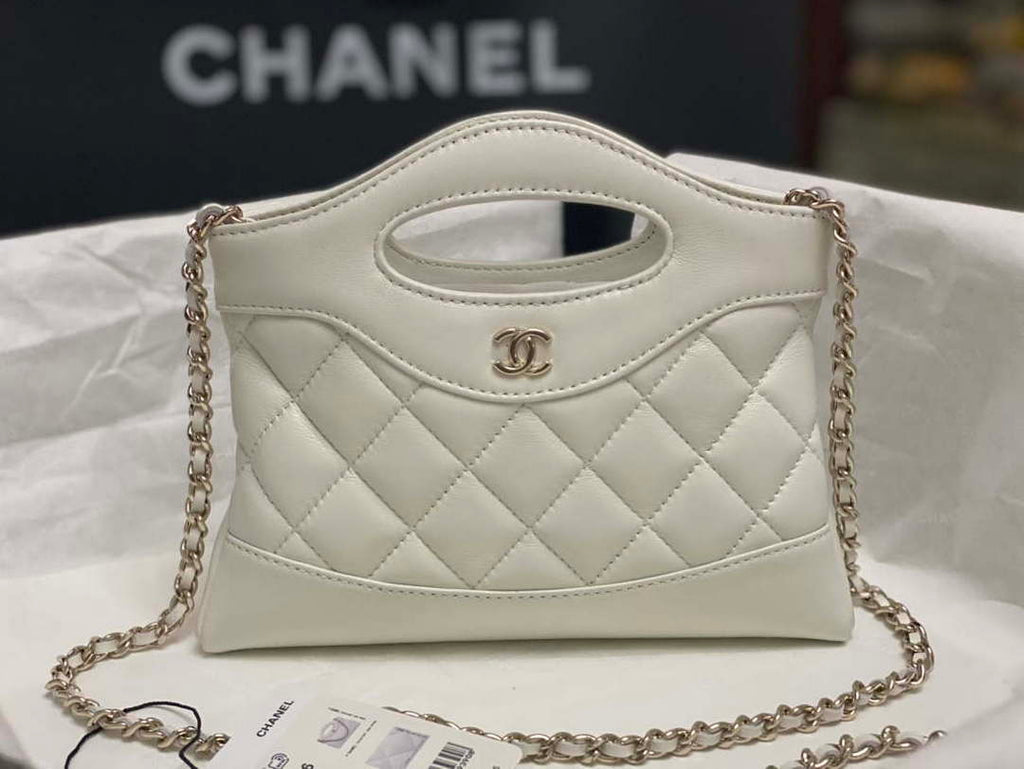 Chanel AP3656 Small Shopping Bag Shiny Lambskin & Gold-Tone Metal White