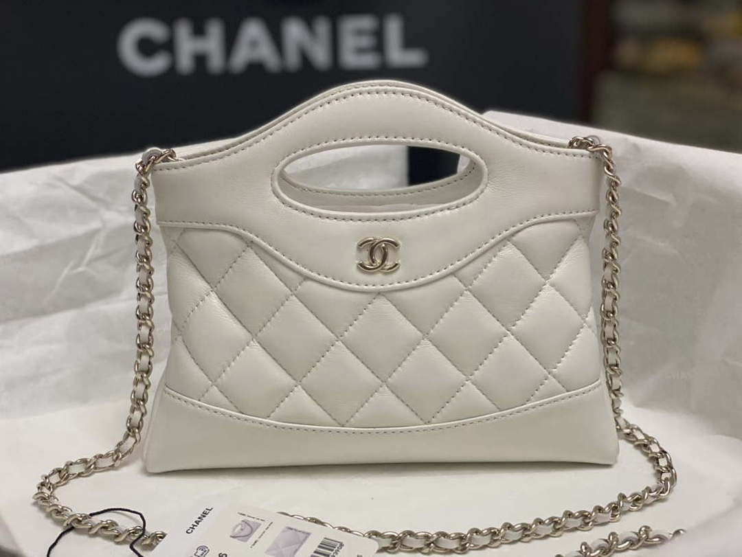 Chanel AP3656 Small Shopping Bag Shiny Lambskin & Gold-Tone Metal White - Default Title - View 3