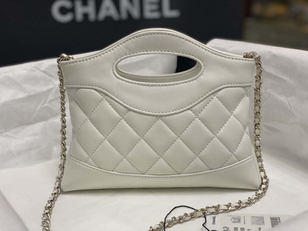 Chanel AP3656 Small Shopping Bag Shiny Lambskin & Gold-Tone Metal White - Default Title - View 4