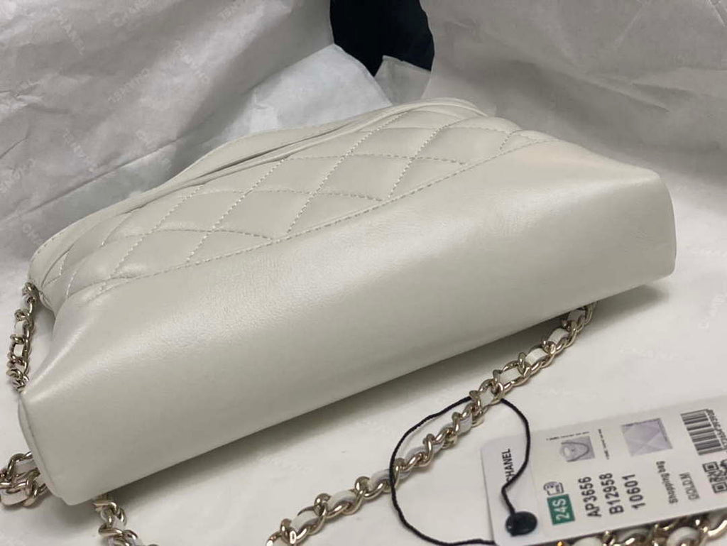 Chanel AP3656 Small Shopping Bag Shiny Lambskin & Gold-Tone Metal White