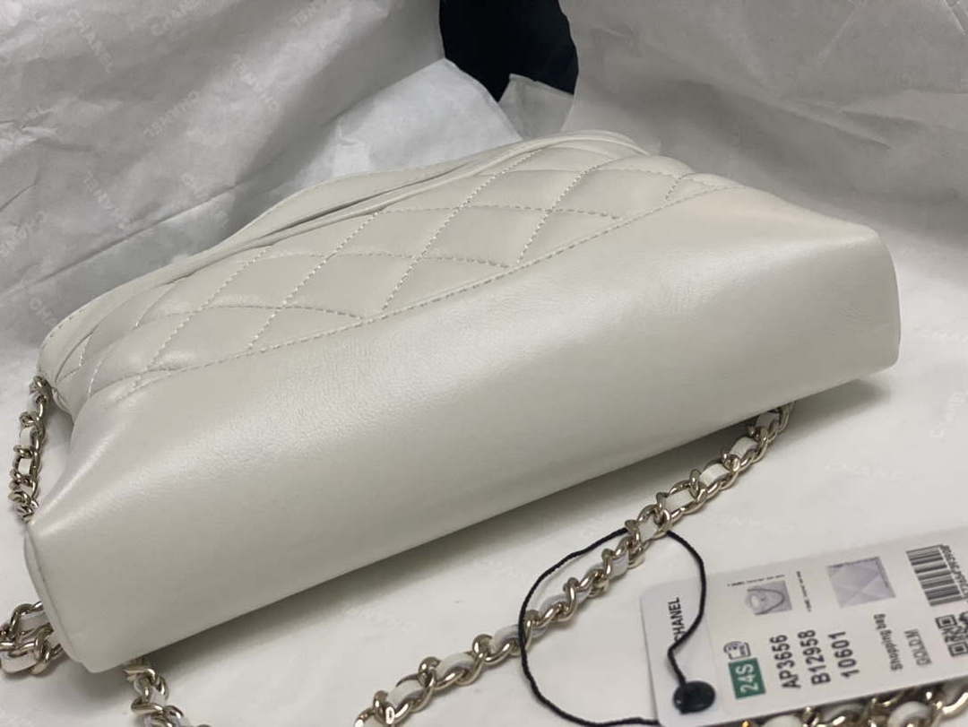 Chanel AP3656 Small Shopping Bag Shiny Lambskin & Gold-Tone Metal White