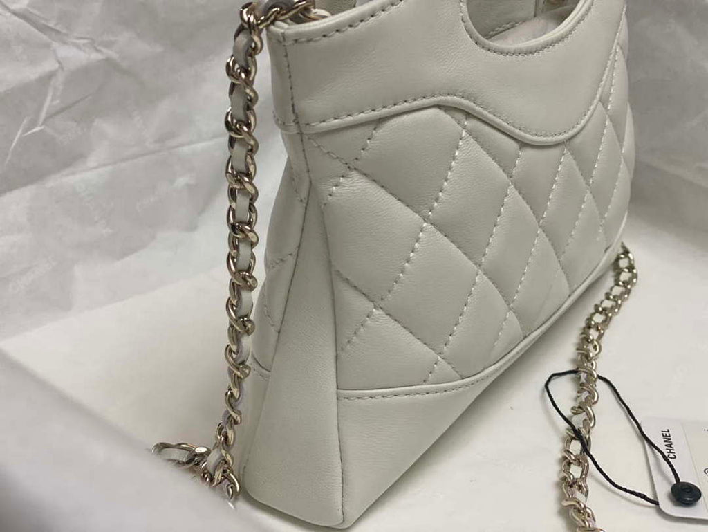 Chanel AP3656 Small Shopping Bag Shiny Lambskin & Gold-Tone Metal White