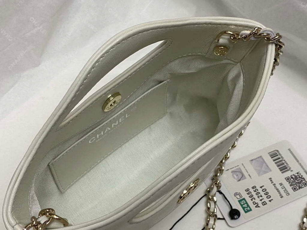 Chanel AP3656 Small Shopping Bag Shiny Lambskin & Gold-Tone Metal White