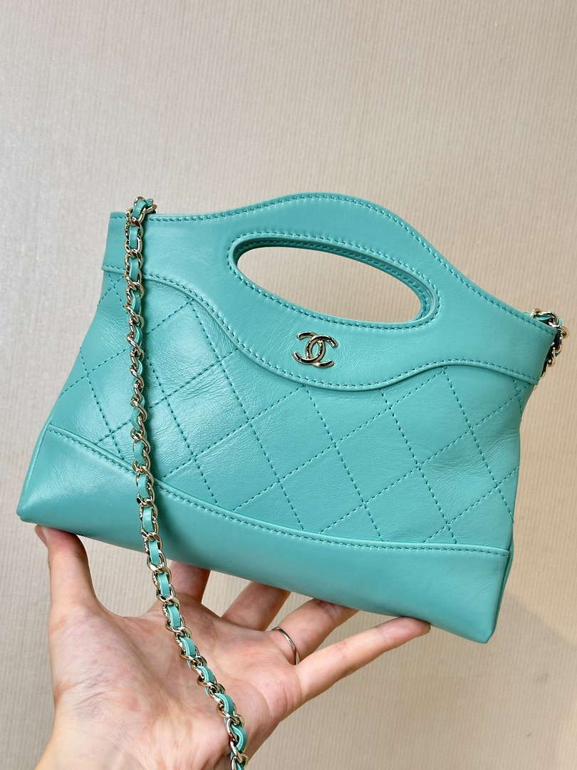 Chanel AP3656 Small Shopping Bag Shiny Lambskin & Gold-Tone Metal Lake Blue