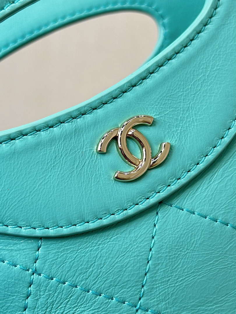 Chanel AP3656 Small Shopping Bag Shiny Lambskin & Gold-Tone Metal Lake Blue