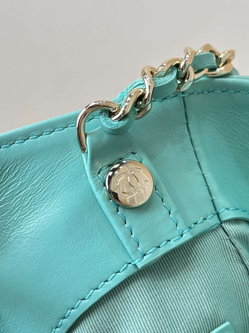 Chanel AP3656 Small Shopping Bag Shiny Lambskin & Gold-Tone Metal Lake Blue