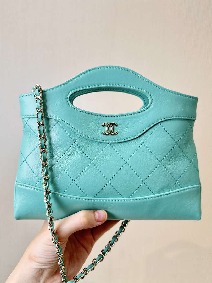 Chanel AP3656 Small Shopping Bag Shiny Lambskin & Gold-Tone Metal Lake Blue