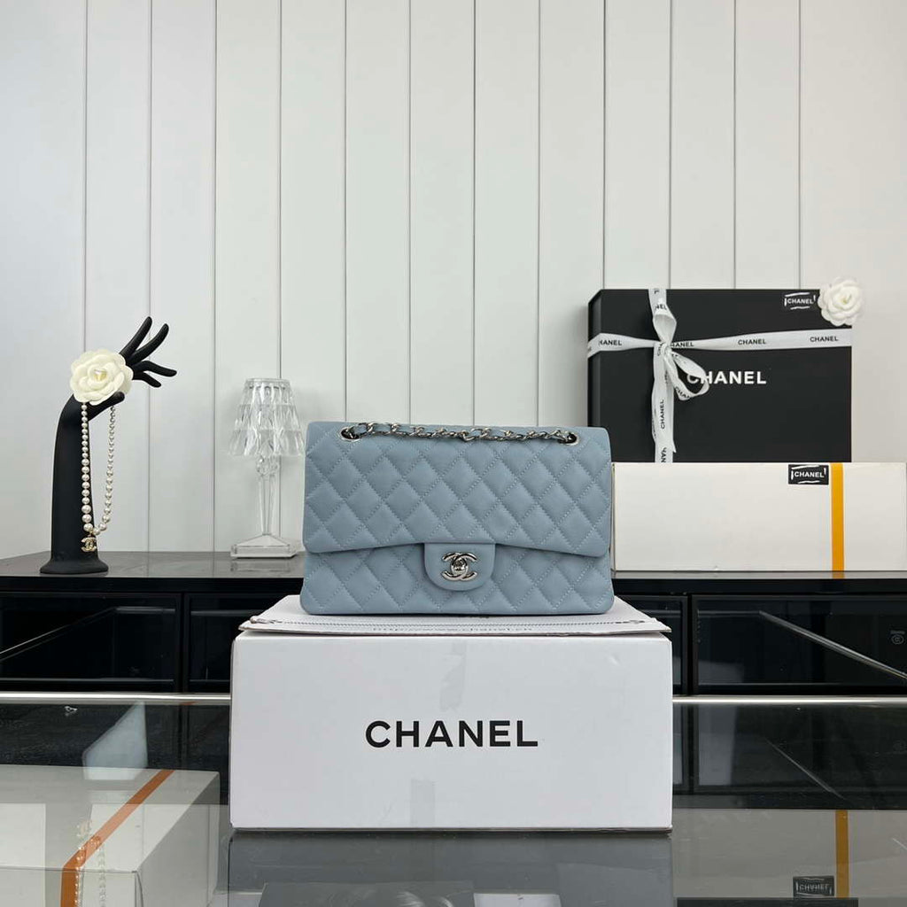 Chanel A01112 Flap Classic 11.12 Handbag Grained Calfskin & Silver-Tone Metal Baby Blue