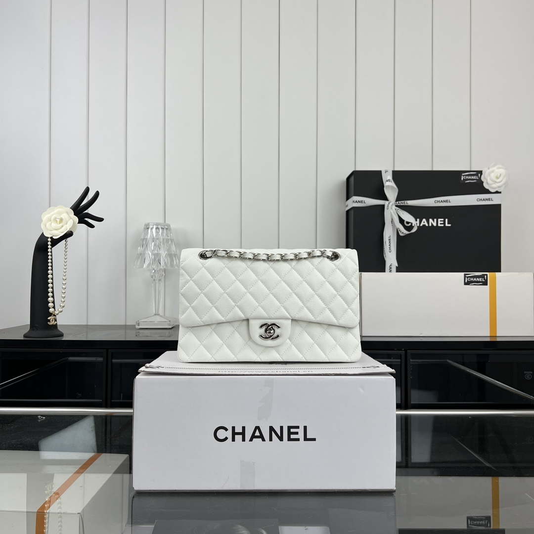 Chanel A01112 Flap Classic 11.12 Handbag Grained Calfskin & Silver-Tone Metal White - Default Title - View 1
