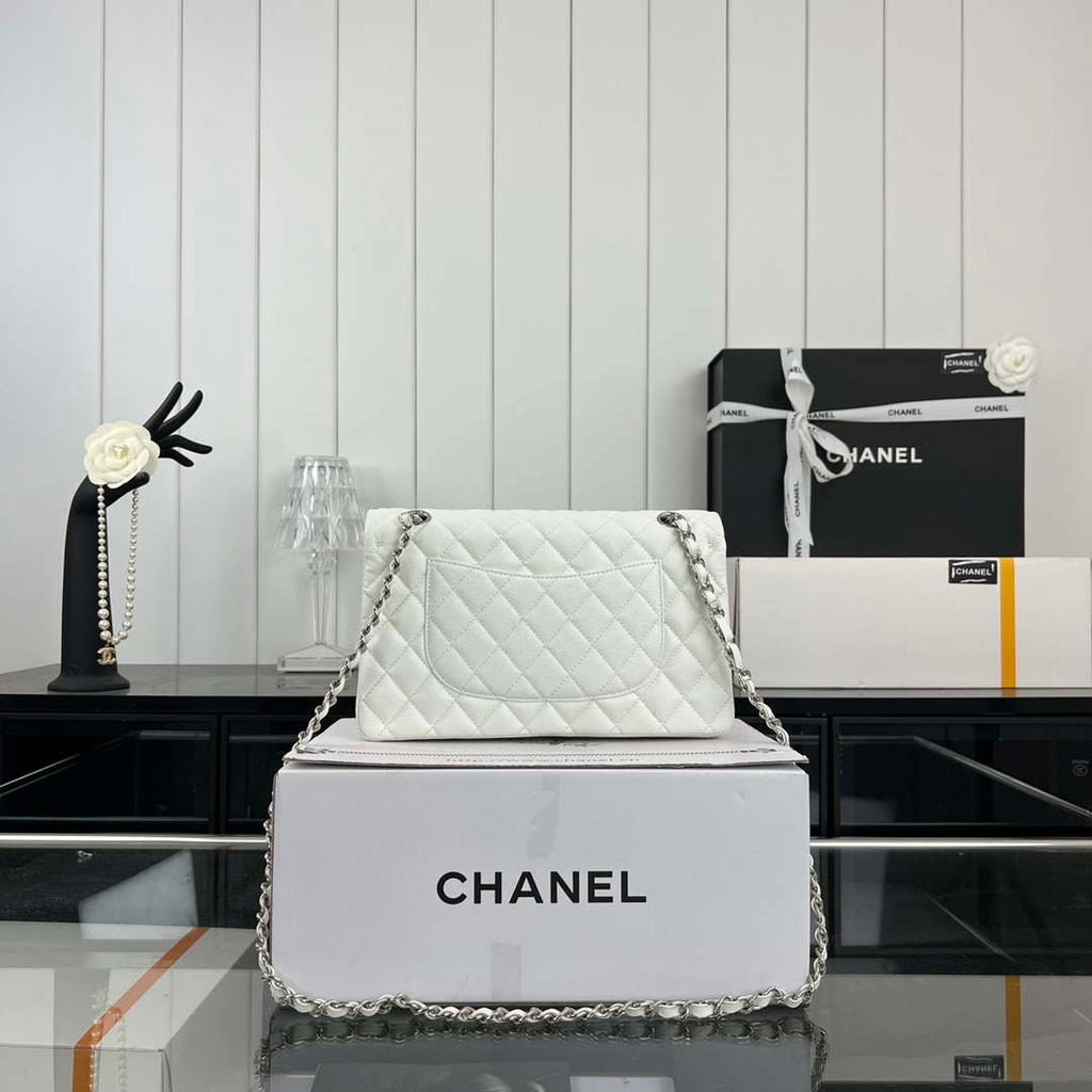 Chanel A01112 Flap Classic 11.12 Handbag Grained Calfskin & Silver-Tone Metal White