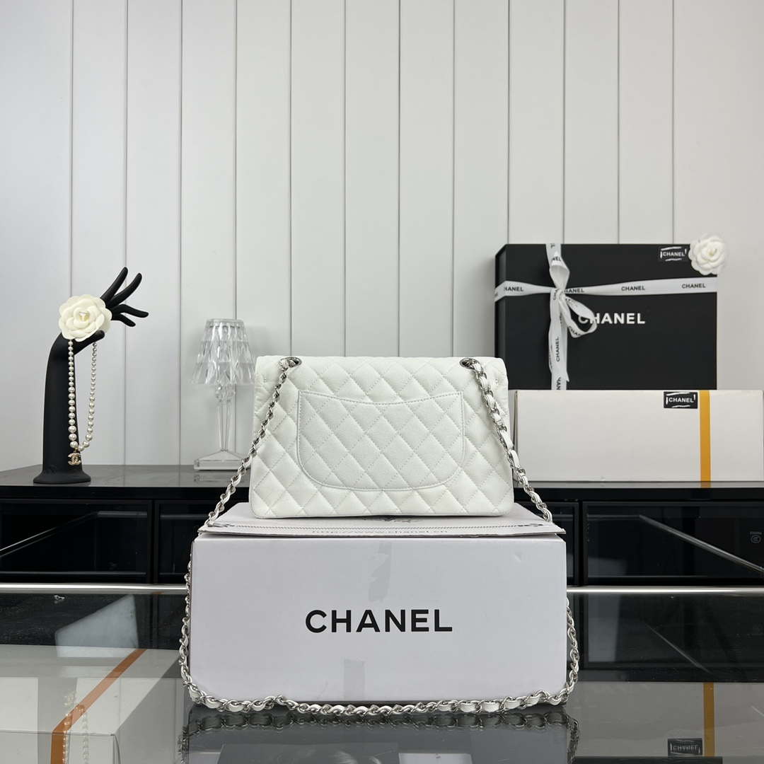 Chanel A01112 Flap Classic 11.12 Handbag Grained Calfskin & Silver-Tone Metal White