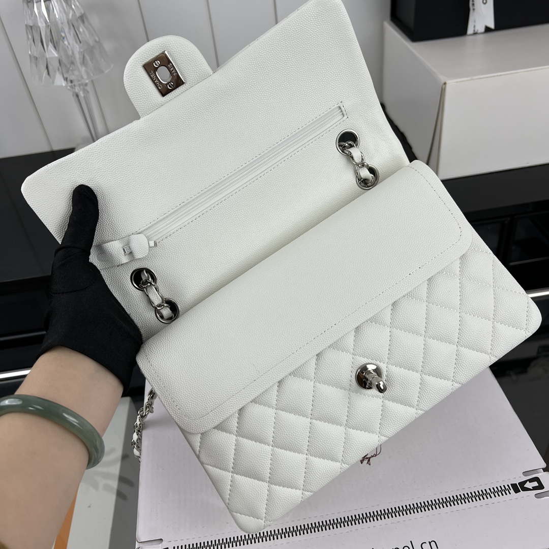 Chanel A01112 Flap Classic 11.12 Handbag Grained Calfskin & Silver-Tone Metal White - Default Title - View 6