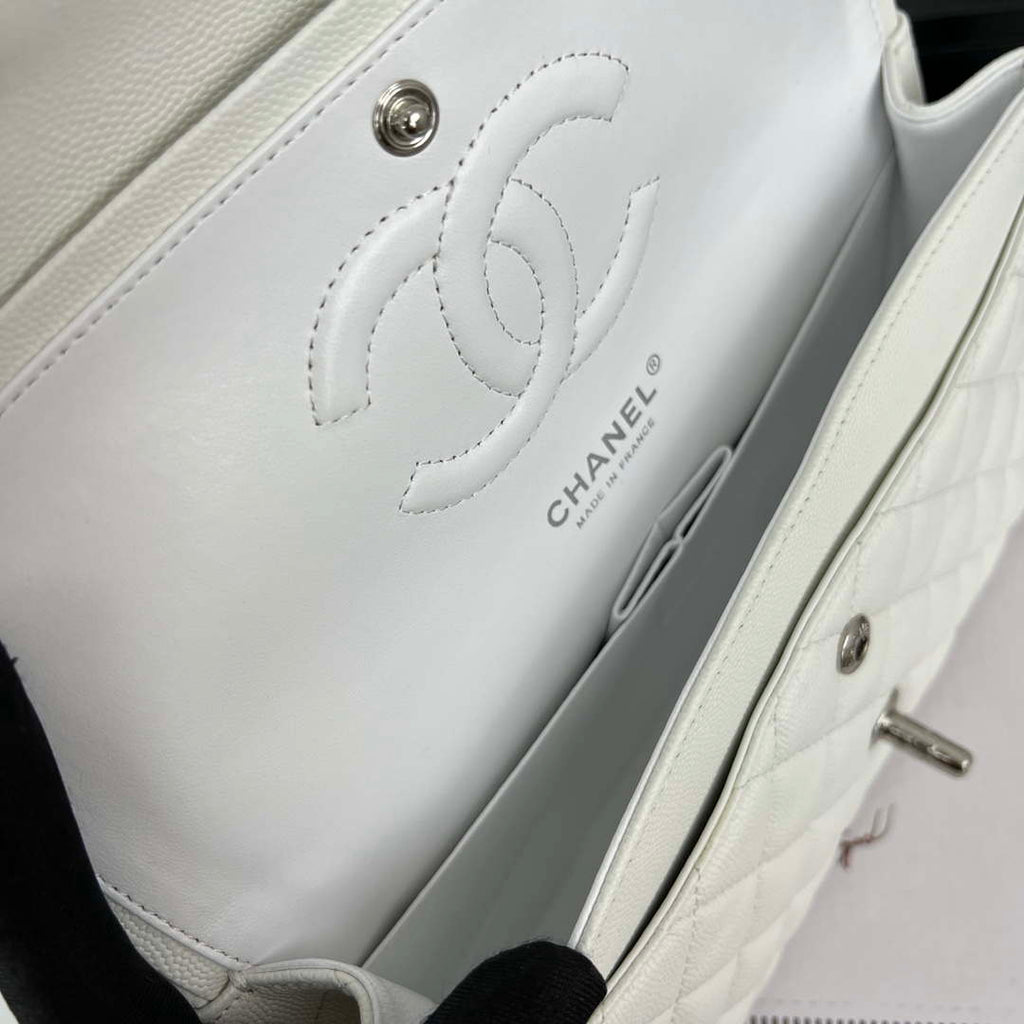 Chanel A01112 Flap Classic 11.12 Handbag Grained Calfskin & Silver-Tone Metal White