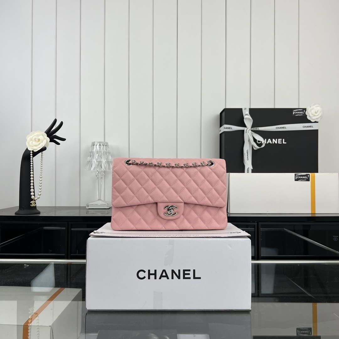 Chanel A01112 Flap Classic 11.12 Handbag Grained Calfskin & Silver-Tone Metal Pink - Default Title - View 1