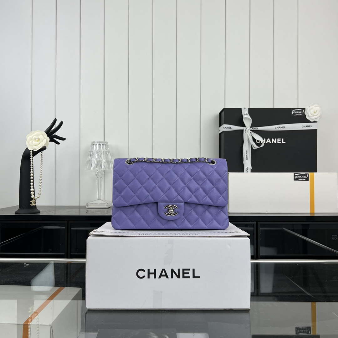 Chanel A01112 Flap Classic 11.12 Handbag Grained Calfskin & Silver-Tone Metal Purple - Default Title - View 1