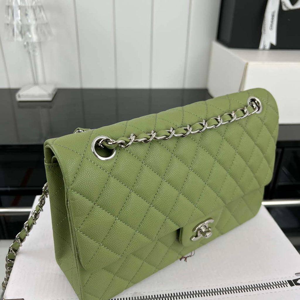 Chanel A01112 Flap Classic 11.12 Handbag Grained Calfskin & Silver-Tone Metal Green