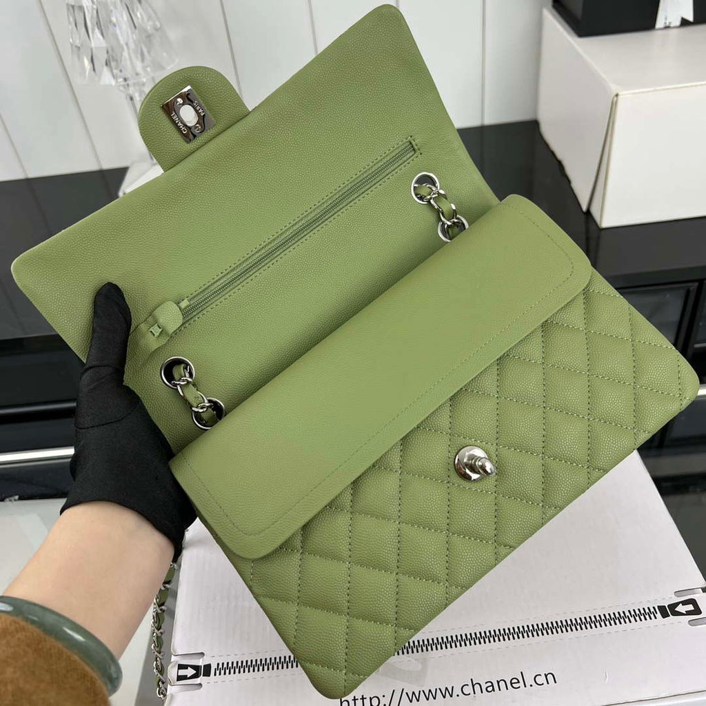 Chanel A01112 Flap Classic 11.12 Handbag Grained Calfskin & Silver-Tone Metal Green