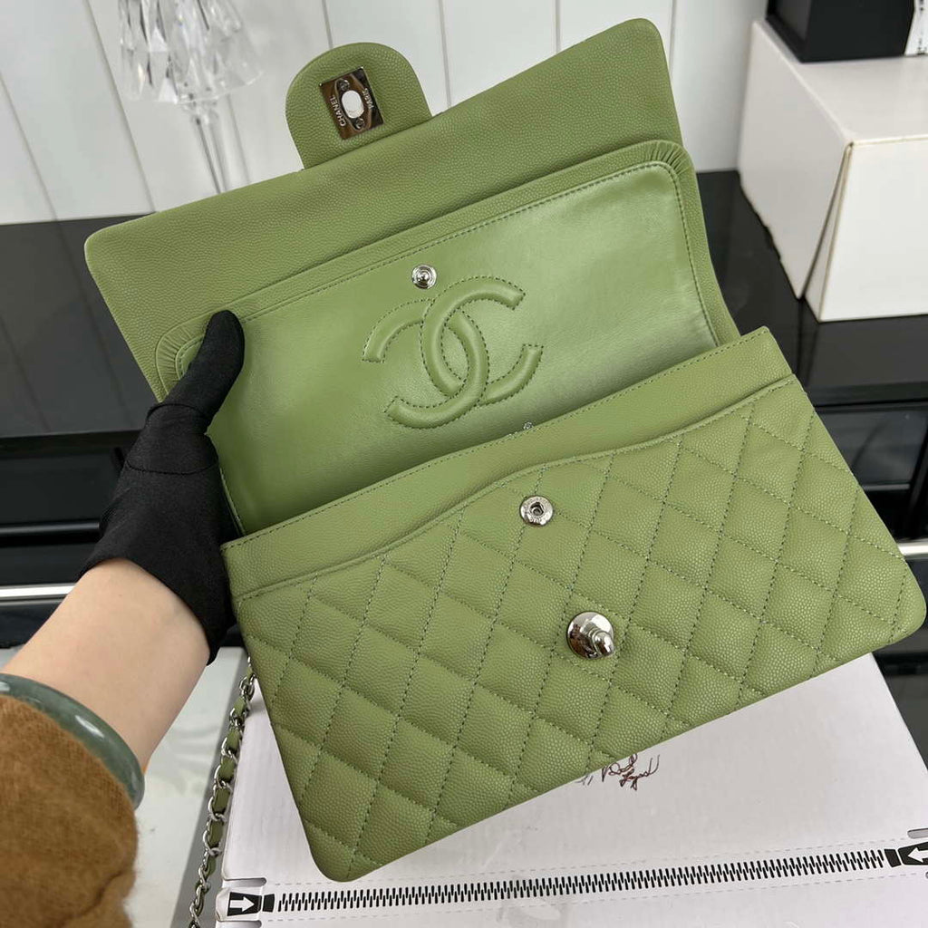 Chanel A01112 Flap Classic 11.12 Handbag Grained Calfskin & Silver-Tone Metal Green