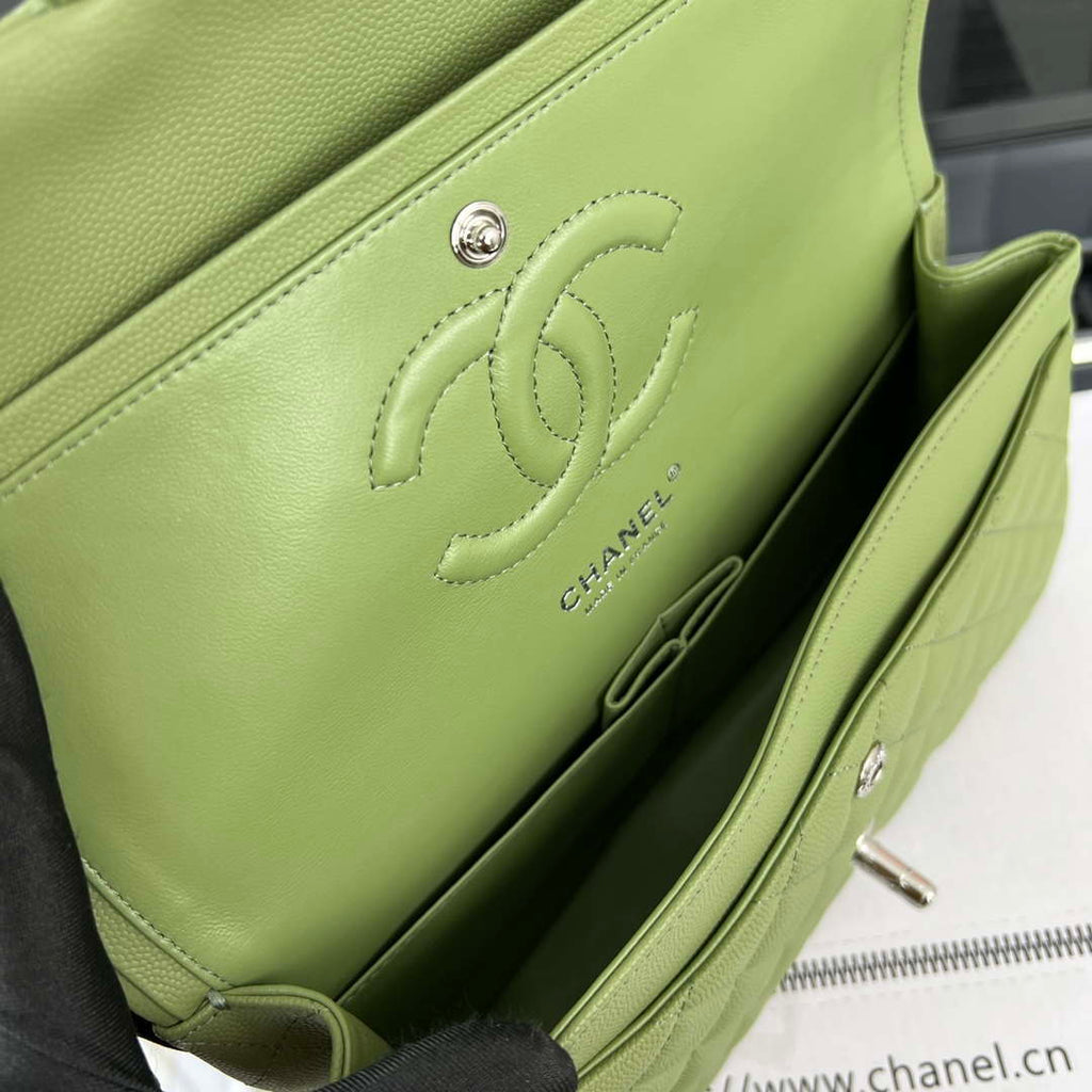 Chanel A01112 Flap Classic 11.12 Handbag Grained Calfskin & Silver-Tone Metal Green