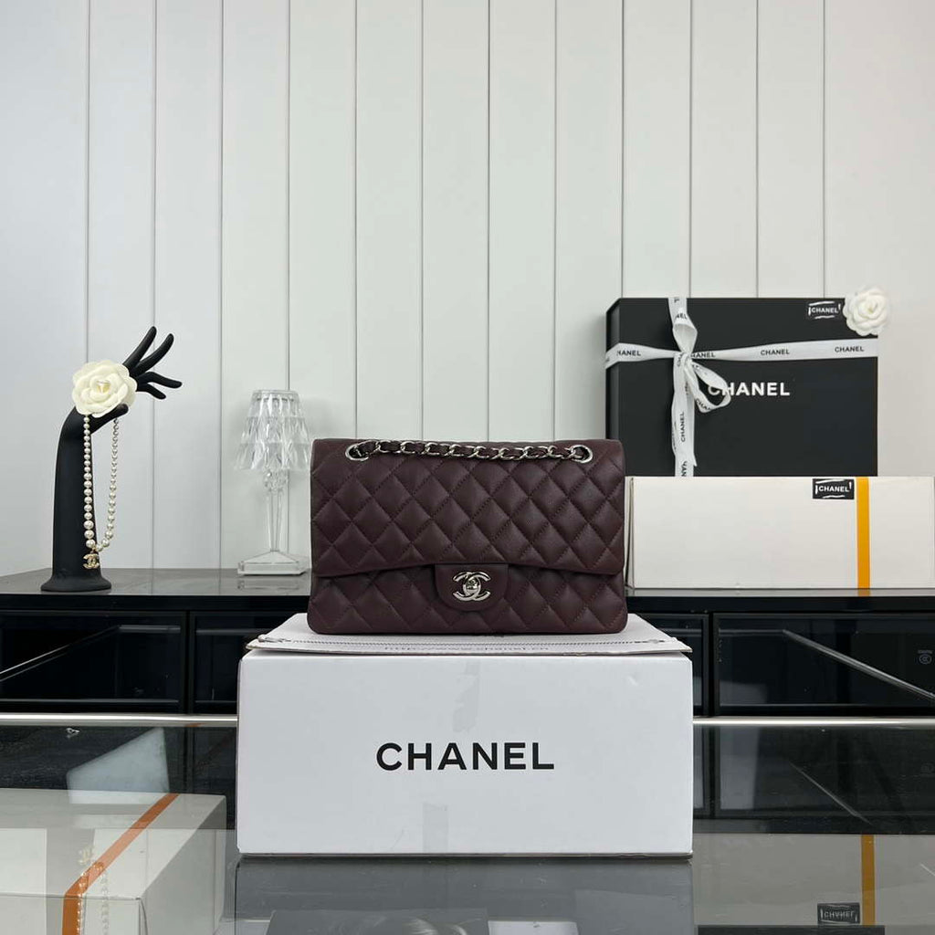 Chanel A01112 Flap Classic 11.12 Handbag Grained Calfskin & Silver-Tone Metal Wine Red