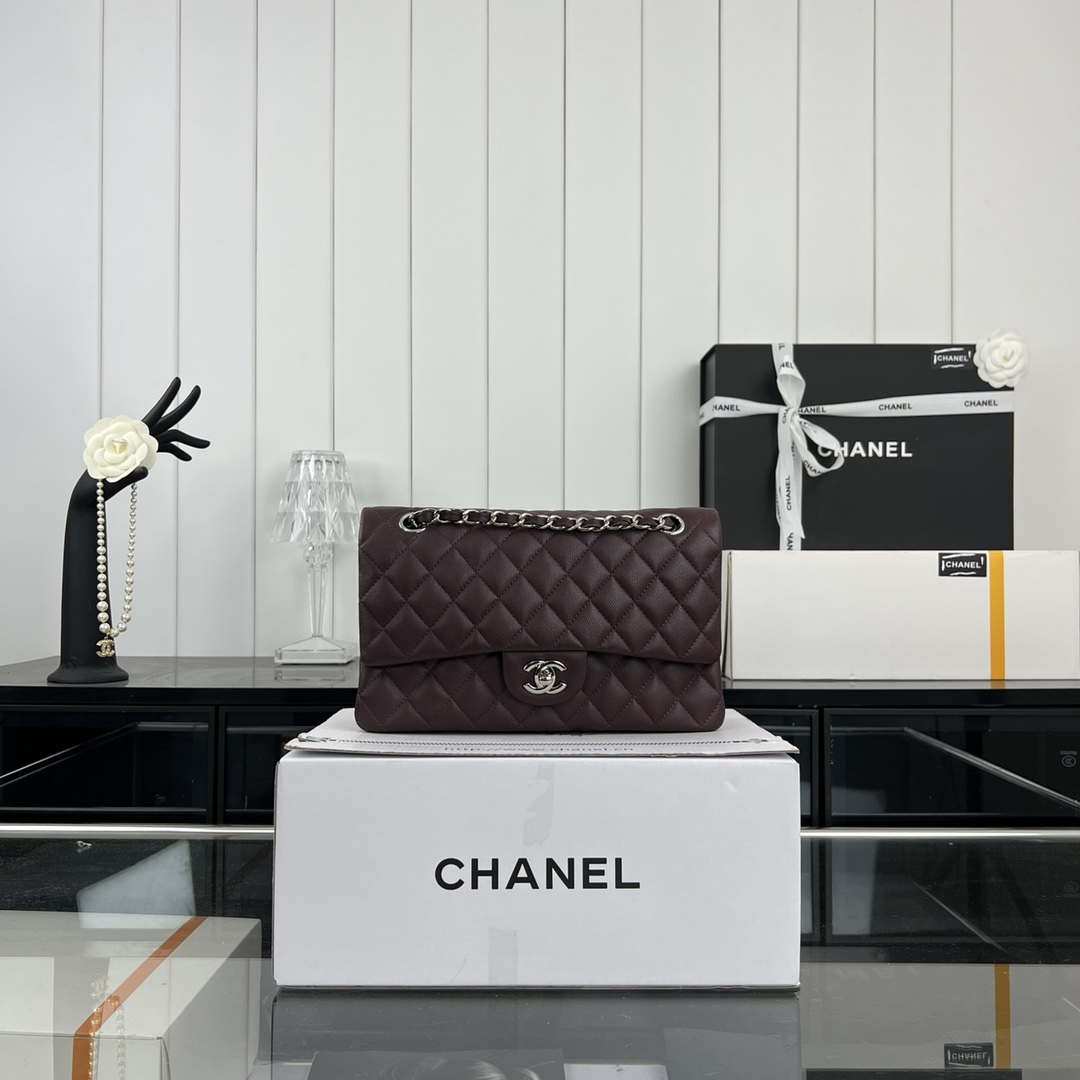 Chanel A01112 Flap Classic 11.12 Handbag Grained Calfskin & Silver-Tone Metal Wine Red - Default Title - View 1