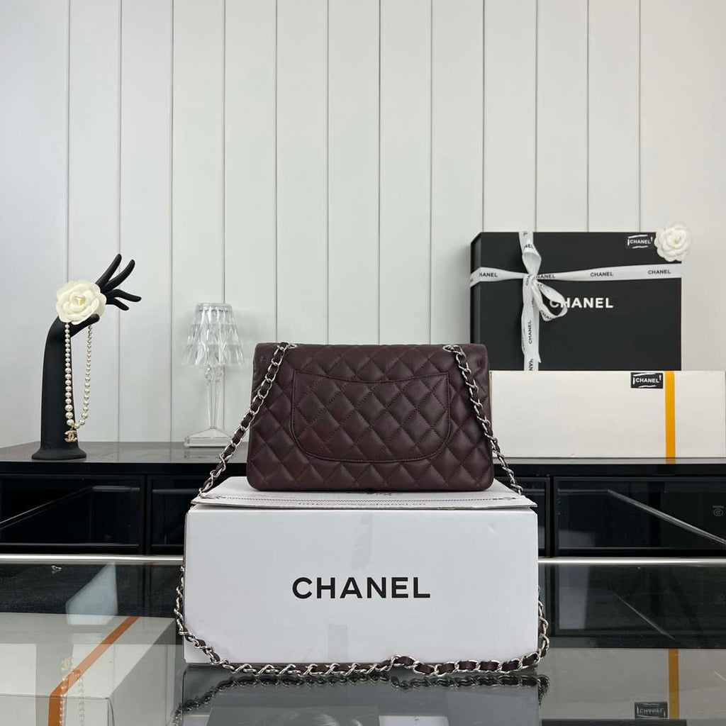 Chanel A01112 Flap Classic 11.12 Handbag Grained Calfskin & Silver-Tone Metal Wine Red