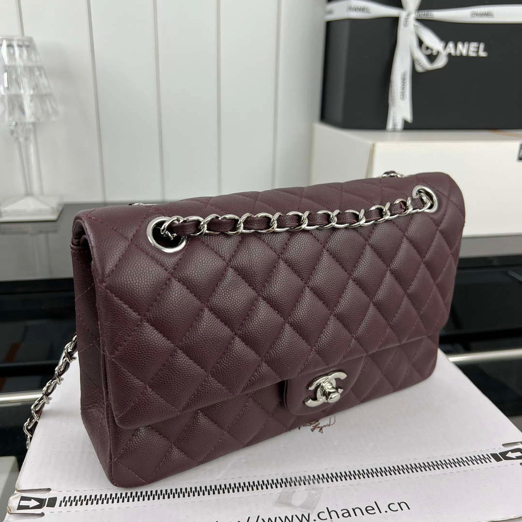 Chanel A01112 Flap Classic 11.12 Handbag Grained Calfskin & Silver-Tone Metal Wine Red