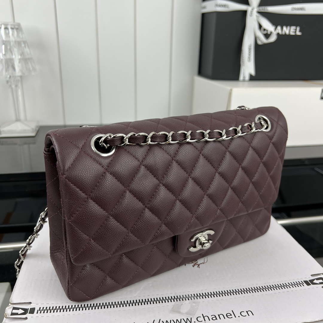 Chanel A01112 Flap Classic 11.12 Handbag Grained Calfskin & Silver-Tone Metal Wine Red - Default Title - View 3