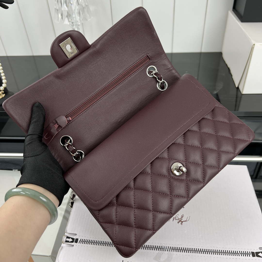 Chanel A01112 Flap Classic 11.12 Handbag Grained Calfskin & Silver-Tone Metal Wine Red