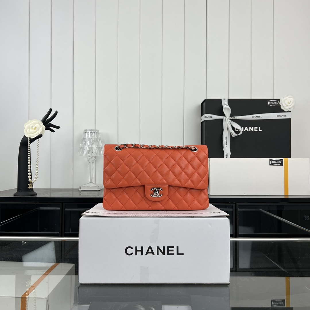 Chanel A01112 Flap Classic 11.12 Handbag Grained Calfskin & Silver-Tone Metal Orange - Default Title - View 1