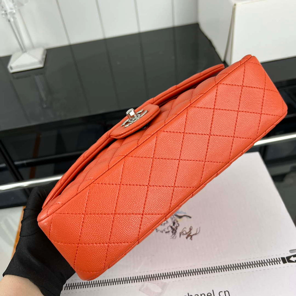 Chanel A01112 Flap Classic 11.12 Handbag Grained Calfskin & Silver-Tone Metal Orange