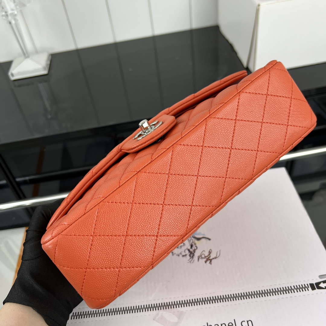 Chanel A01112 Flap Classic 11.12 Handbag Grained Calfskin & Silver-Tone Metal Orange