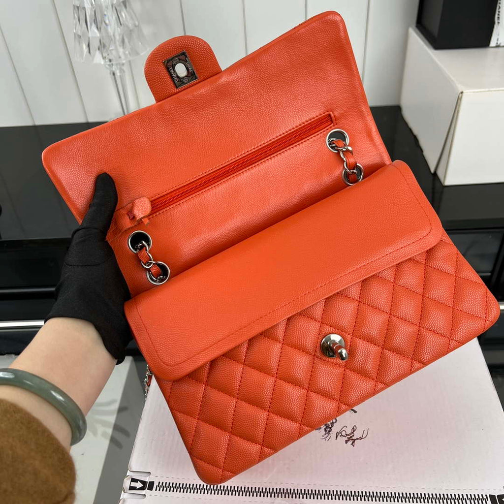 Chanel A01112 Flap Classic 11.12 Handbag Grained Calfskin & Silver-Tone Metal Orange