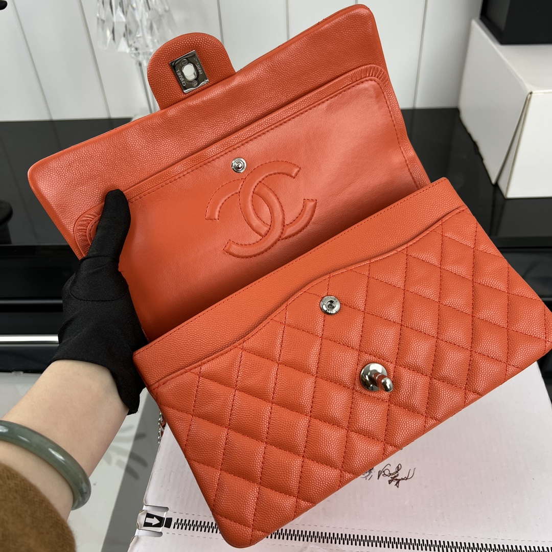 Chanel A01112 Flap Classic 11.12 Handbag Grained Calfskin & Silver-Tone Metal Orange - Default Title - View 7