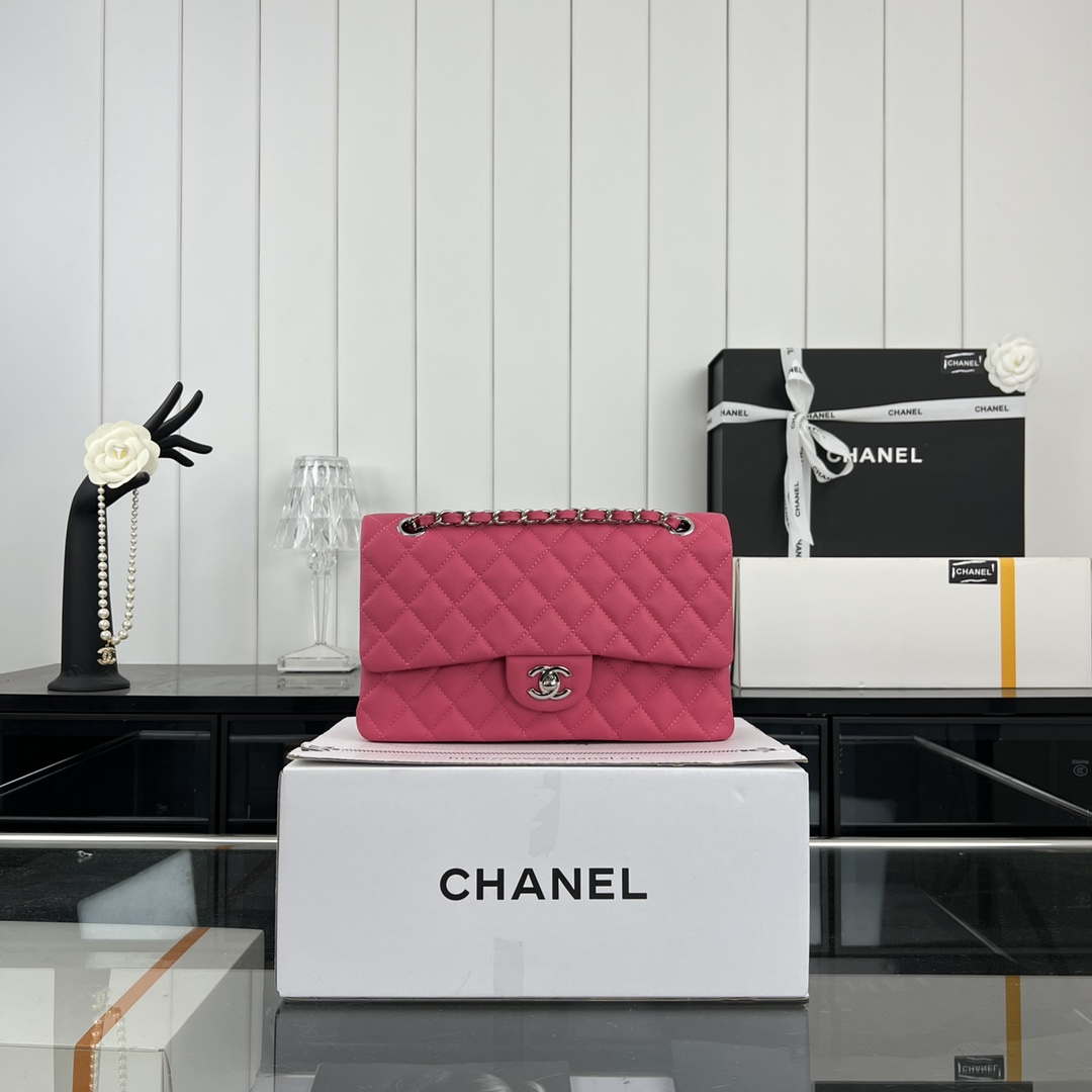 Chanel A01112 Flap Classic 11.12 Handbag Grained Calfskin & Silver-Tone Metal Rose Red - Default Title - View 1