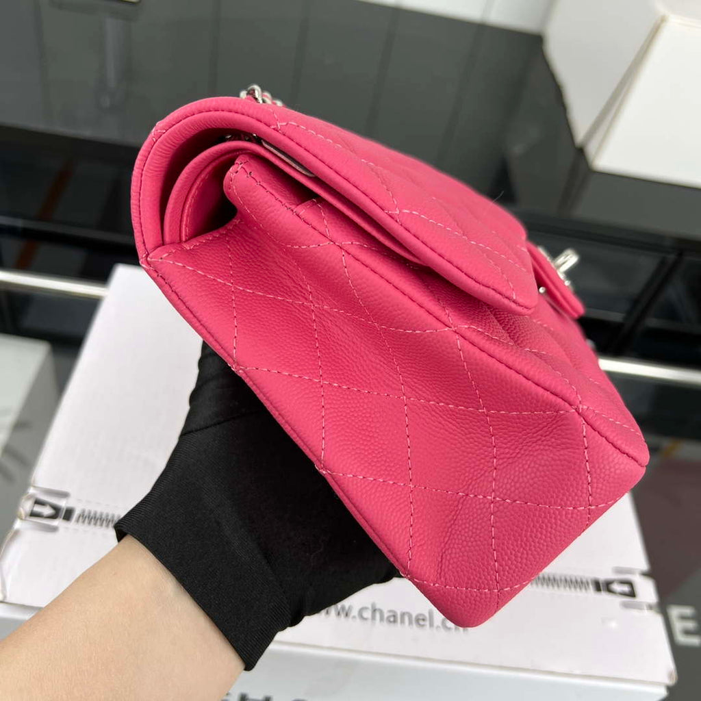 Chanel A01112 Flap Classic 11.12 Handbag Grained Calfskin & Silver-Tone Metal Rose Red