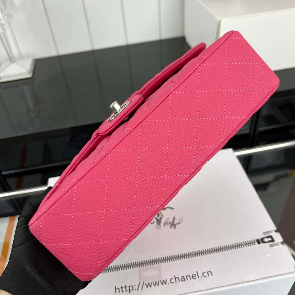 Chanel A01112 Flap Classic 11.12 Handbag Grained Calfskin & Silver-Tone Metal Rose Red