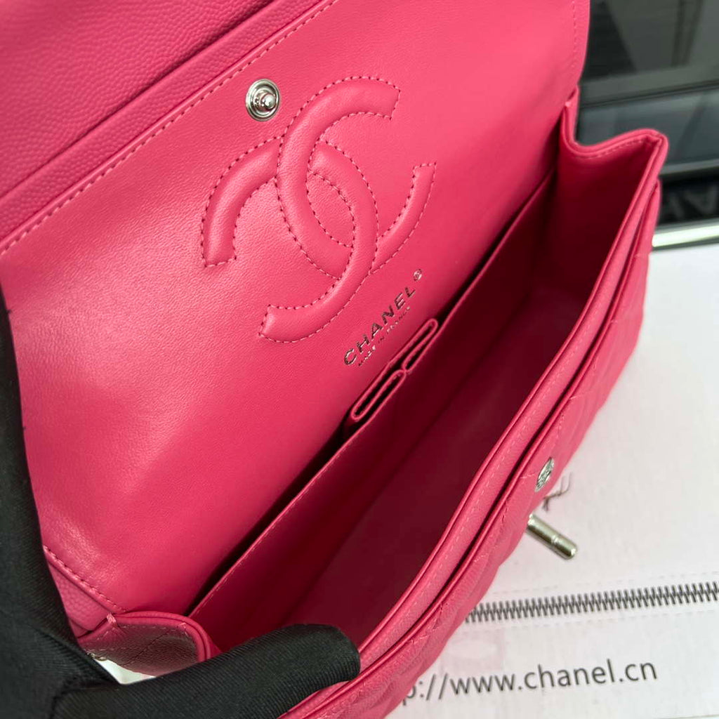 Chanel A01112 Flap Classic 11.12 Handbag Grained Calfskin & Silver-Tone Metal Rose Red