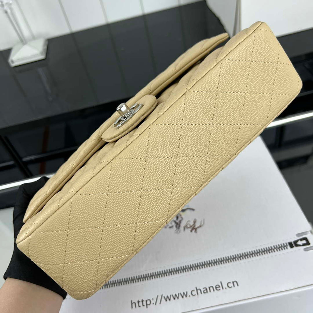 Chanel A01112 Flap Classic 11.12 Handbag Grained Calfskin & Silver-Tone Metal Apricot