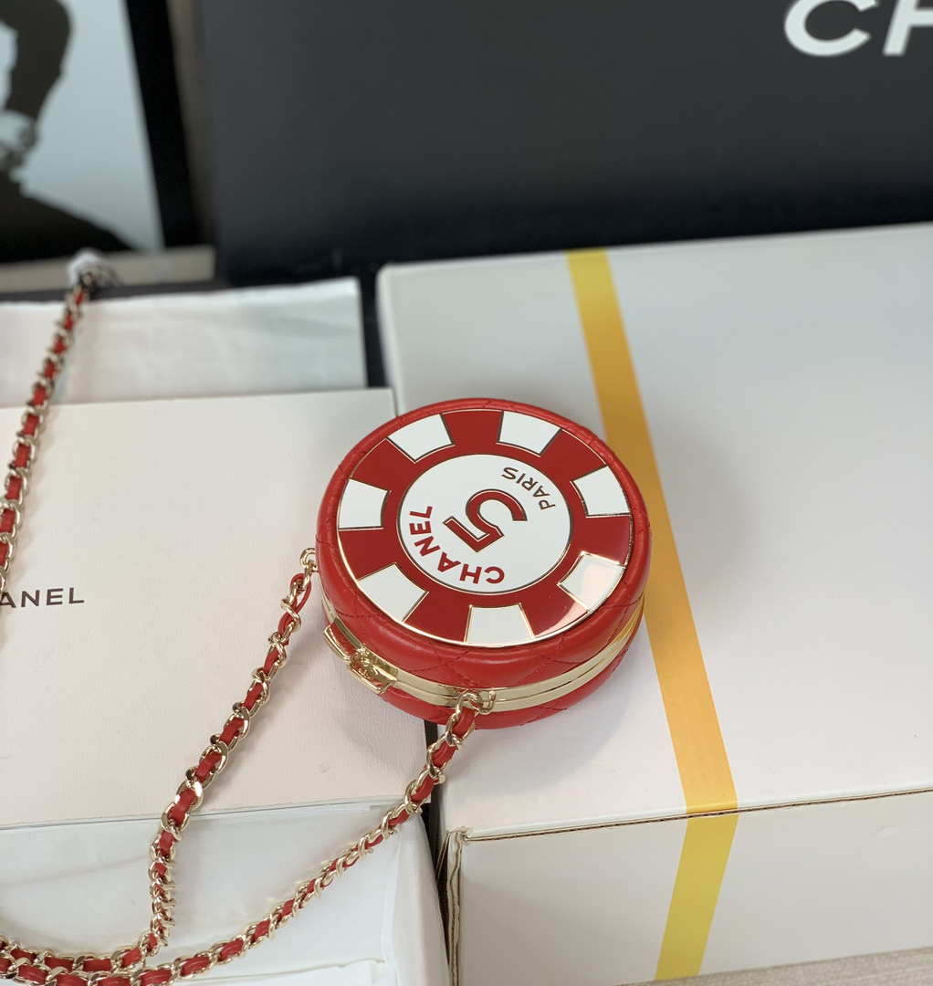 Chanel Ap3704 Clutch  With Chain Lambskin Enamel & Gold-Tone Metal Red & White