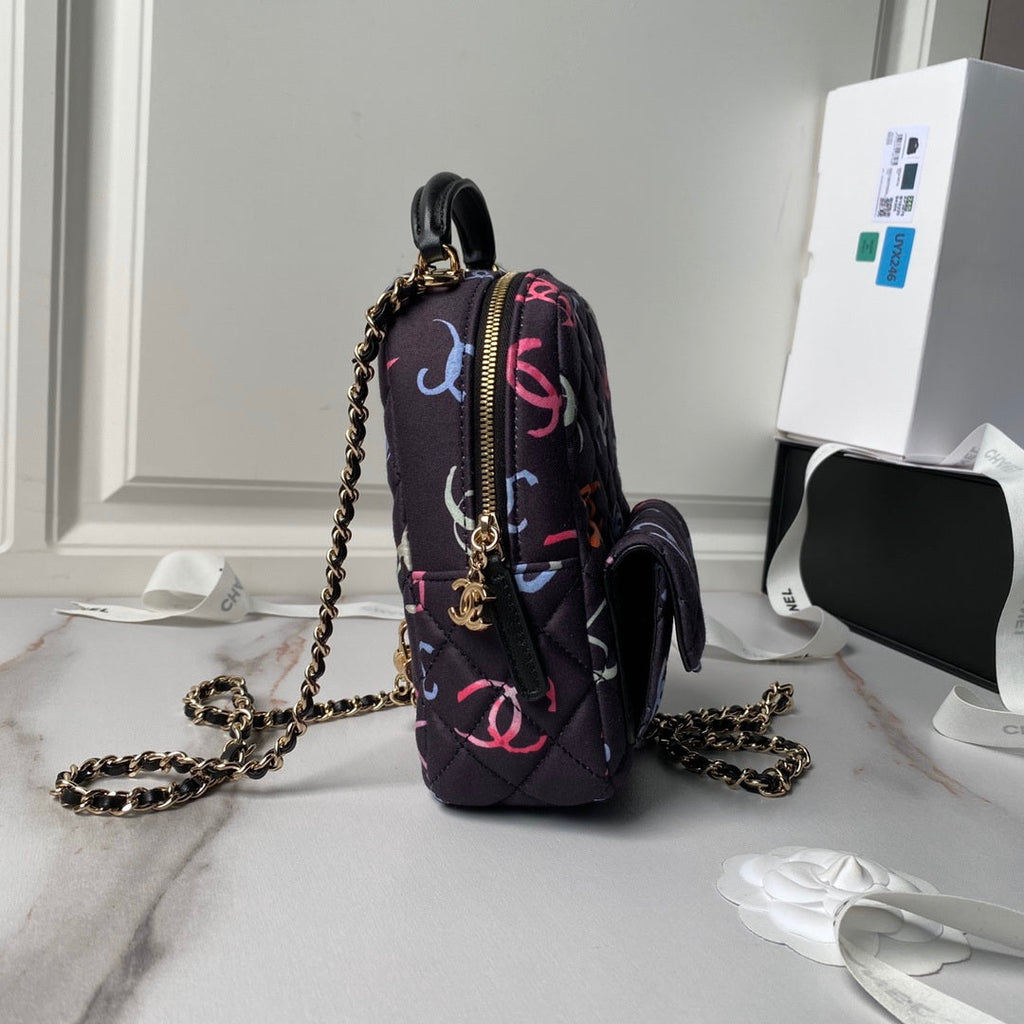 Chanel Ap3753 CLASSIC MINI Printed Fabric & Gold Metal Black & Multicolour