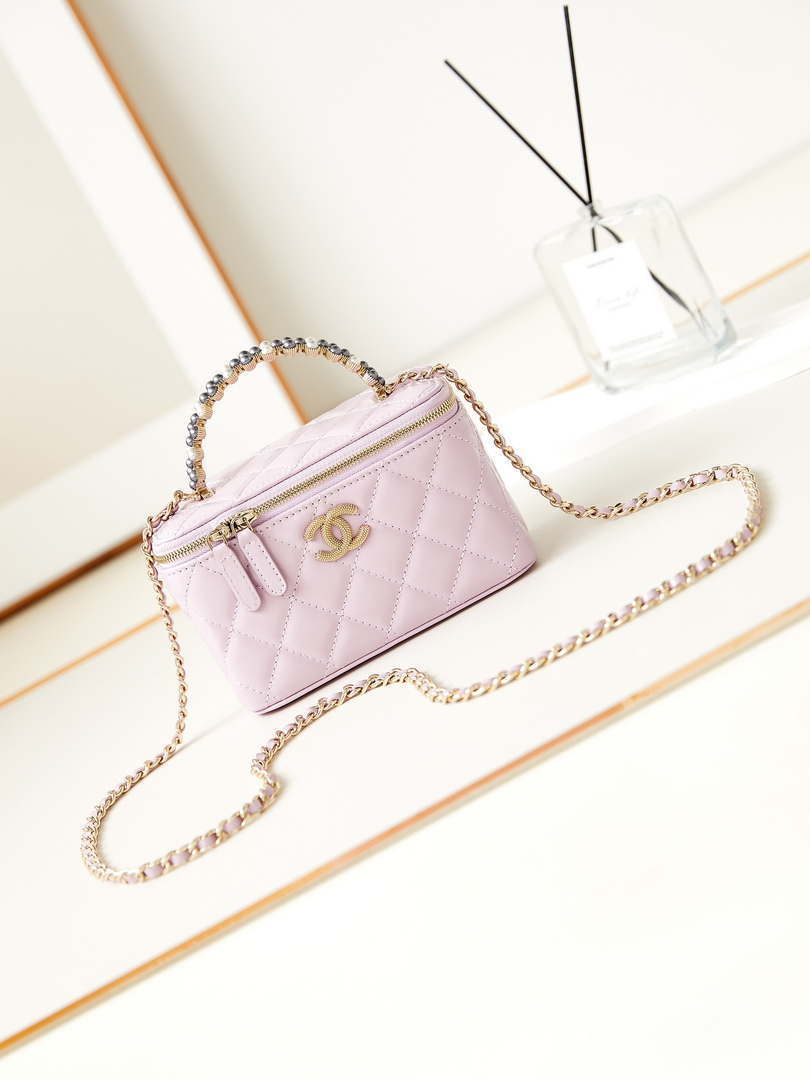 Chanel AP3804 Clutch Lambskin Vanity Box bag With Pearl handle Pink